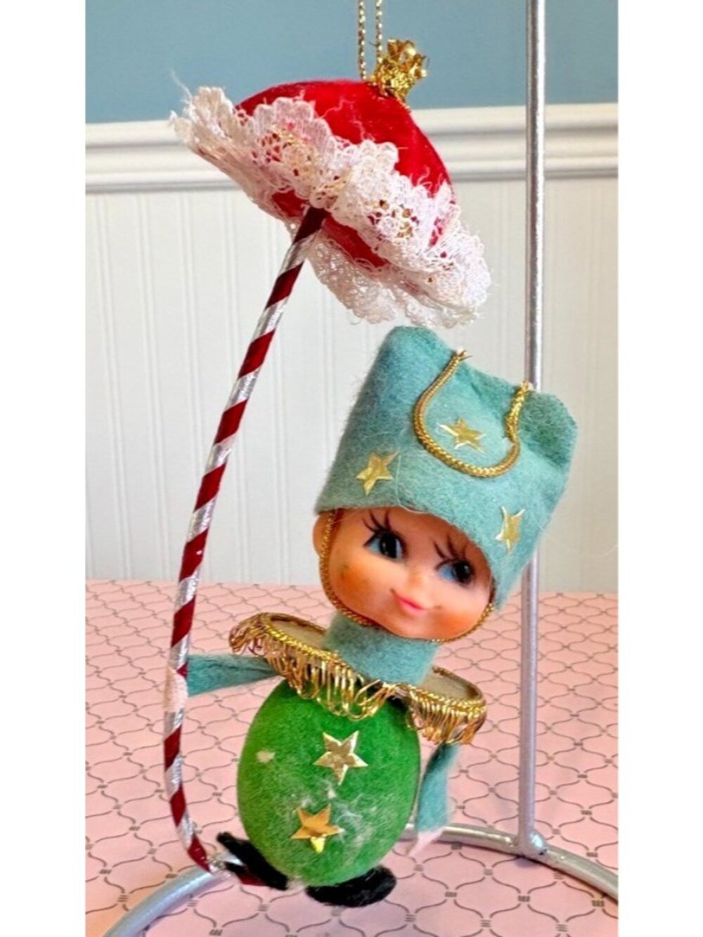Vintage Christmas Napco Pixie Elf with Candy Cane Umbrella Ornament Japan